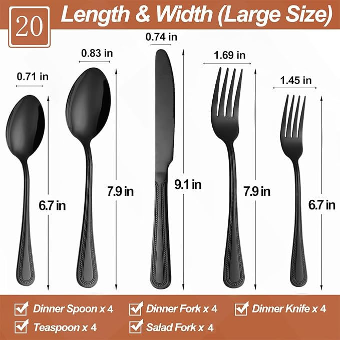 20 Pcs Black Silverware Set for 4, Food Grade Stainless Steel Flatware Set - Image 2