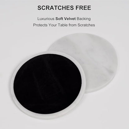 Carrara White Marble Coasters Set of 6 with Holder, Elegant Modern Round White Marble Drink Coasters for Coffee Table Decor, Semi Absorbent Stone Coaster for Drinks, Velvet Backed
