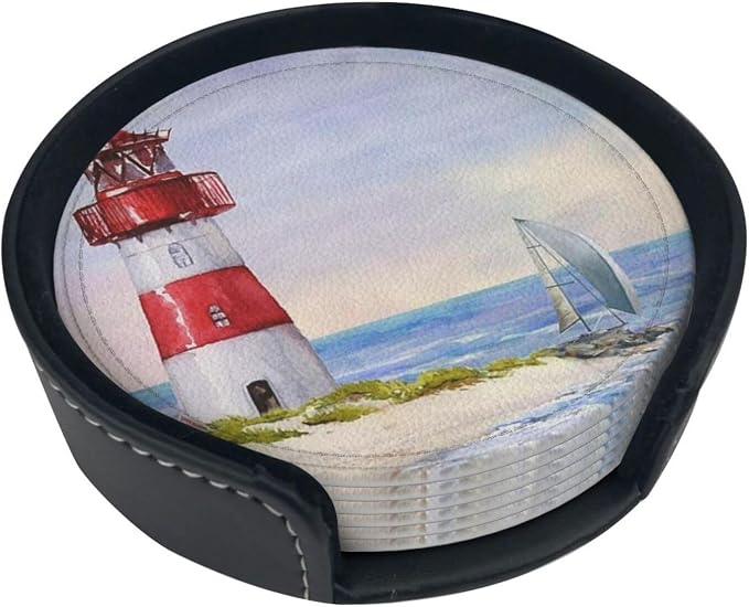6 Pcs Coastal Lighthouse Leather Coasters - Image 2