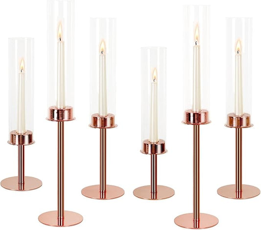 Hurricane Candle Holders Set of 6 Metal Candlestick Holder for Glass Taper Tall Candle Holders with Crystal Chimney Tube Candles Stands for Home Decor, Christmas, Dinning (6, Rose Gold)