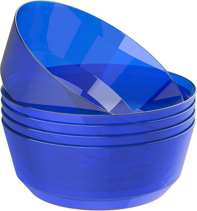 8 Pack Clear Blue Bowls for 4th of July | 128oz Heavy Duty Disposable Plastic by Hioasis