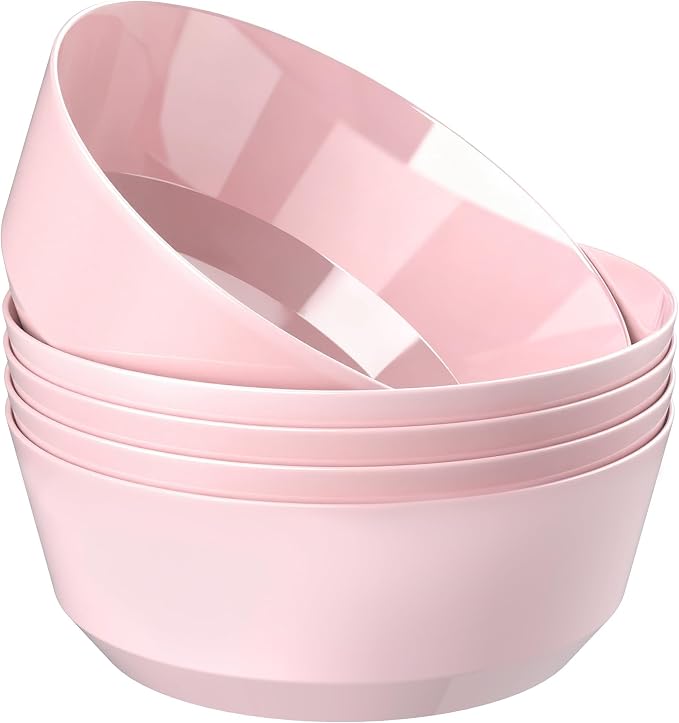 8 Pack Pink Serving Bowls for Easter | 128oz Heavy Duty Disposable Plastic Bowls by Hioasis
