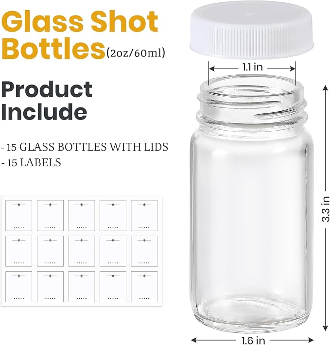 LANDNEOO 15 Pack 2 oz Glass Shot Bottles w/White Lids & 15 Labels - Image 2