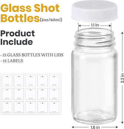LANDNEOO 15 Pack 2 oz Glass Shot Bottles w/White Lids & 15 Labels - Image 2