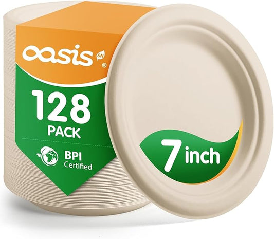 7 Inch 128 Pack Compostable Disposable Paper Plates, Heavy Duty Sugarcane Bagasse Plates, Biodegradable Eco-Friendly for Snacks & Parties, Unbleached Natural