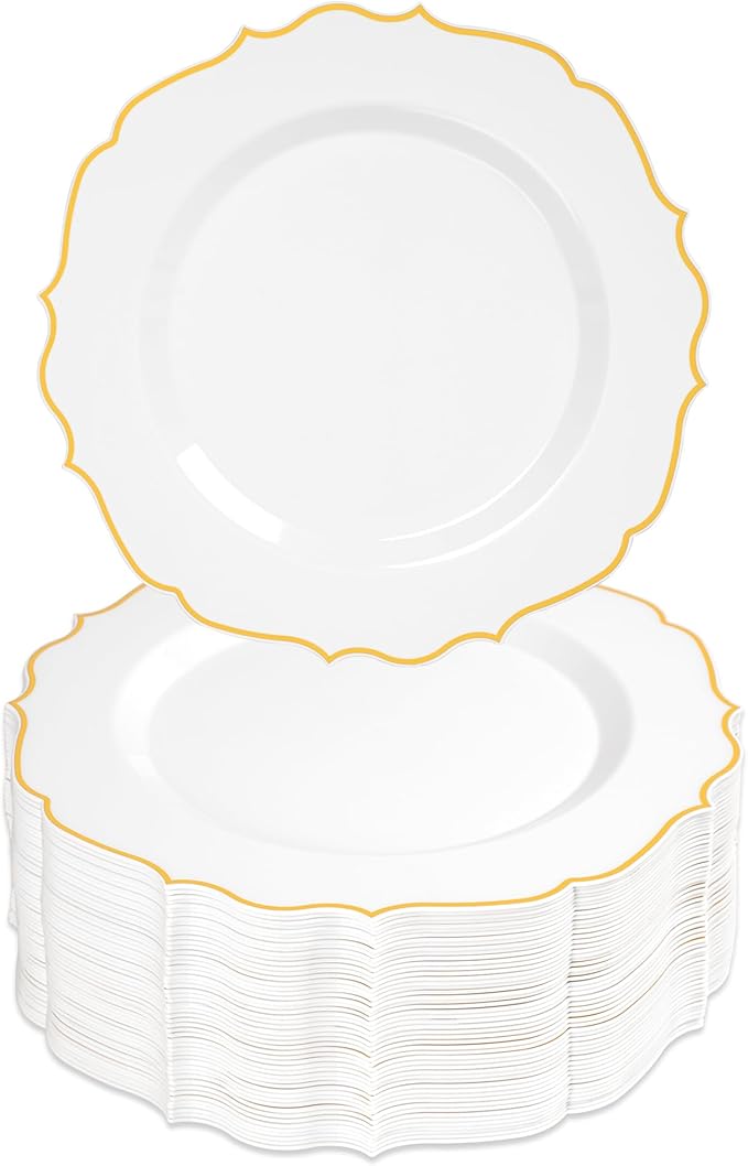 100 Pcs White & Gold Dessert Plastic Plates 7.5" Cake Disposable Plates | White by Conflech