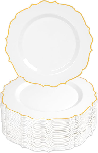100 Pcs White & Gold Dessert Plastic Plates 7.5" Cake Disposable Plates | White by Conflech