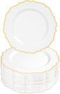 100 Pcs White & Gold Dessert Plastic Plates 7.5" Cake Disposable Plates | White by Conflech