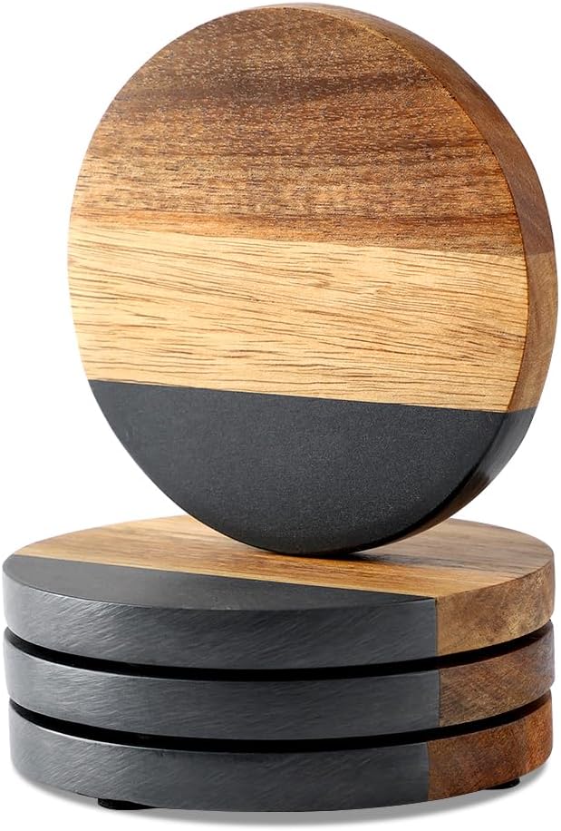 WLWNWFT Marble Acacia Wood Drinks Coasters Set of 4, Modern Rustic Wooden by WLWNWFT