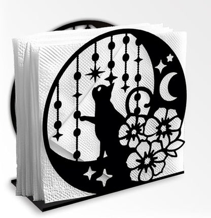 Cat Moon Decorative Black Metal Napkin Holder for Table, 4.9" x 4.9" x 2" Kitty Flower Standing Napkin Holder for Home Kitchen Restaurant Picnic Party Coffee Bar Dining Room