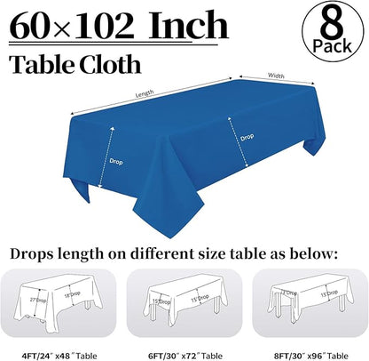 8 Pack Royal Blue Tablecloth 60 x 102 Inch Rectangular Table Cloth for 6 Foot Rectangle Tables, Wrinkle Resistant Washable Polyester Fabric Table Covers for Wedding Party Banquet Buffet and Camping