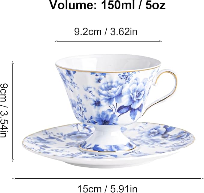 fanquare 5oz Retro Blue and White Roses Tea Cup and Saucer | Vintage Floral - Image 6