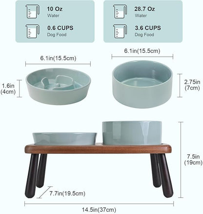 SPUNKYJUNKY Ceramic Elevated Dog Bowls with Slow Feeder Raised with Acacia Bamboo Wooden Stand, 6.1'' Dog and Cat Food Water Bowls Set Non-Slip for Small Medium Sized Breed - Light Green