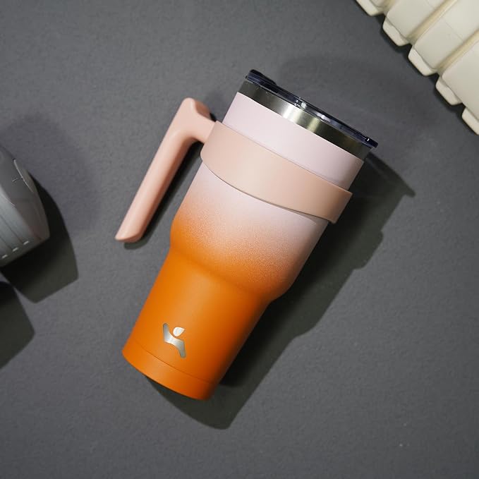 Konokyo 40 oz Tumbler with Handle and Straw, Insulated Travel Mug | Coral; - Image 6