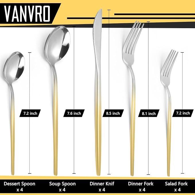 VANVRO Gradient Gold Silverware Set, 20-Piece Stainless Steel Cutlery Set - Image 2
