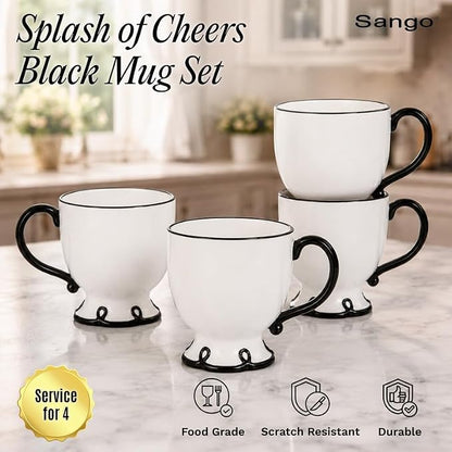 SANGO Splash of Cheers Large Mugs Set of 4, 16 oz Stoneware Black and White - Image 2
