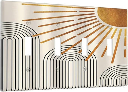 Light Switch Cover Mid Century Boho Sun Beige Minimalist Abstract 4 Gang Switch Plate Quad Toggle Wall Plates Decorative Switchplate Electrical Outlet Cover for Bathroom Bedroom Decor