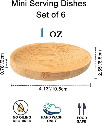 Mini Serving Dishes, Bamboo Small Appetizer Plates for Desserts/Charcuterie/Snacks, Dipping Sauce Bowls Set for Condiments/Spice/Tomato Sauce, Mini Sushi Plates, 1 oz 6 Pcs