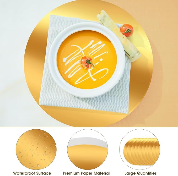 100PCS 13in Round Gold Placemats, Disposable Paper Chargers Plate | Paper - Image 5