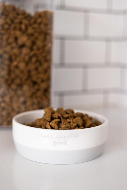 Pearhead Ceramic Bone Appétit Dog Bowl, Holds 2 Cups, Stoneware Food and Water Dish, Grey and White Pet Feeder, Small/Medium