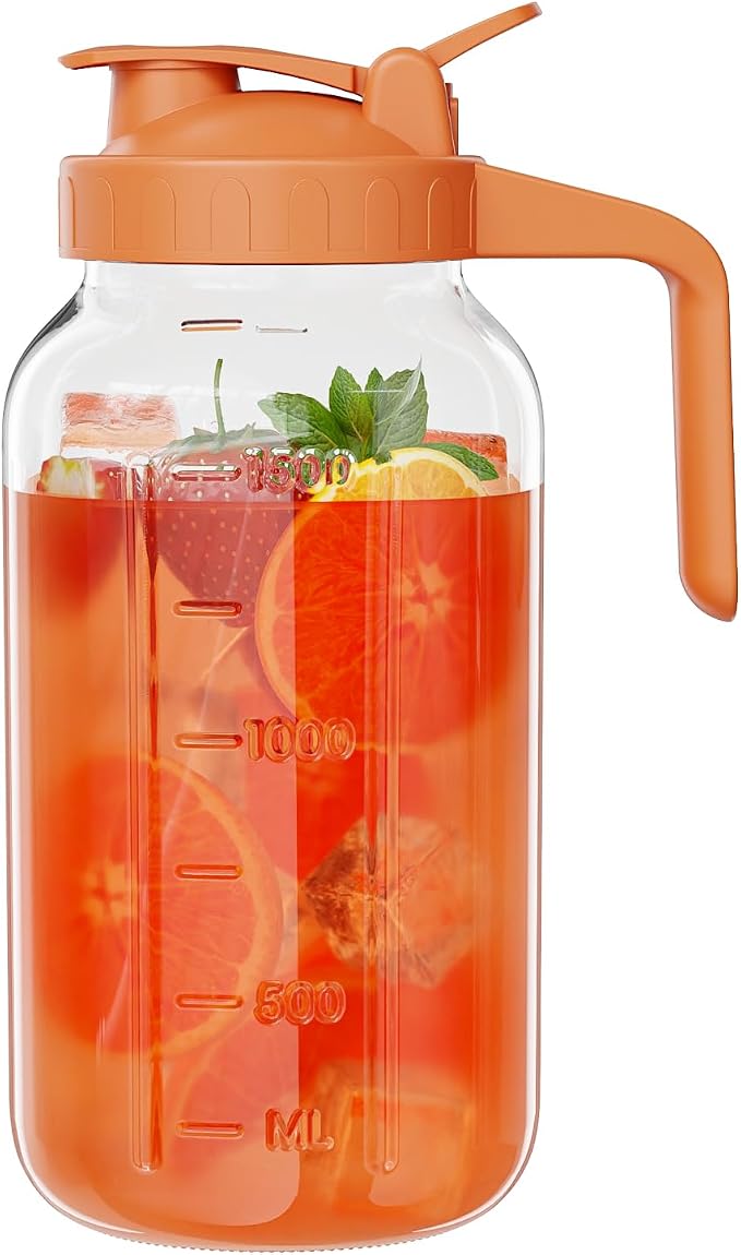 Glass Pitcher with lid, 64 oz Wide Mouth Mason Jar | Dual leak-proof lid by Junvpic