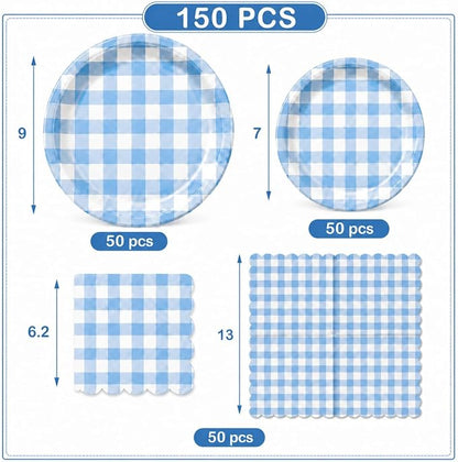 150PCS Blue Gingham Paper Plates & Napkins -Checkered Birthday Party Decor | - Image 2
