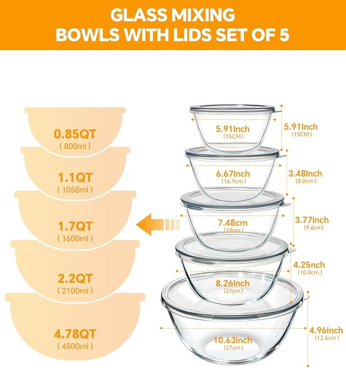 Glass Mixing Bowls with Lids Set of 5, Thick Glass Nesting Bowls - Image 5