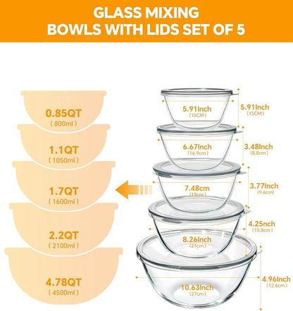 Glass Mixing Bowls with Lids Set of 5, Thick Glass Nesting Bowls - Image 5