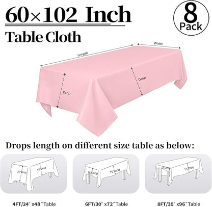 8 Pack Pink Tablecloth 60 x 102 Inch Rectangular Valentine’s Day Table Cloth for 6 Foot Rectangle Tables, Wrinkle Resistant Washable Polyester Fabric Table Covers for Wedding Party Banquet Buffet
