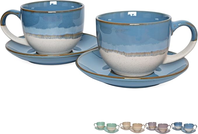 Bosmarlin Ceramic Cappuccino Cup and Saucer Set of 2, 10 Oz, Coffee Cups by Bosmarlin
