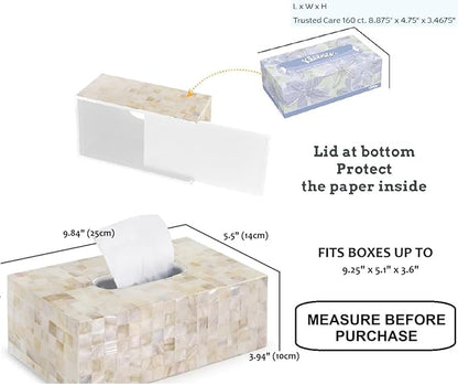 PEMAR Handmade Mother of Pearl Tissue Box – Elegant Rectangular Capiz Shell Cover, Decorative Napkin Holder for Living Room, Bathroom, or Office Décor (Max Inner Size 9.2"x5"x3.5", White Cream)