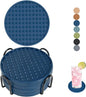 Set of 8 Silicone Coasters, 4'' Drink Coaster with Holder, Round Coasters for Drinks Beer Coffee Home Office Bar Desk Tabletop Protection, Non-Slip Rubber Coaster (Navy Blue, 8 Pcs-Metal Holder)