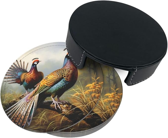 6Pcs PU Leather Coaster for Drinks, Pheasants Animals Cup Coasters - Image 8