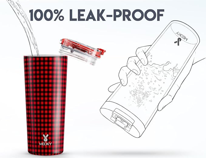 Meoky 24 oz Insulated Travel Coffee Mug: Leak Proof Lid, Crimson Plaid | - Image 5