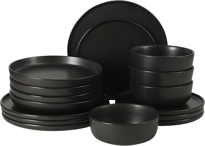 Gibson Elite Bayou Moon Plates and Bowls Sets, 16-Piece Black Matte Stoneware by GibsonHomewares