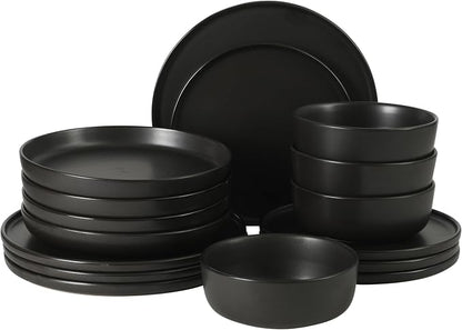 Gibson Elite Bayou Moon Plates and Bowls Sets, 16-Piece Black Matte Stoneware by GibsonHomewares