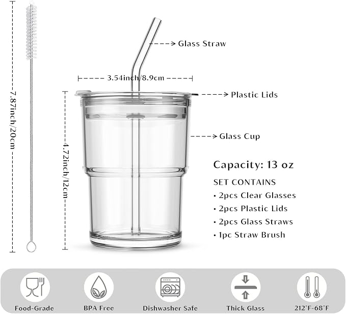 INSETLAN 13 oz Portable Glass Tumblers Set of 2, Thick Wall Glass Cups - Image 3