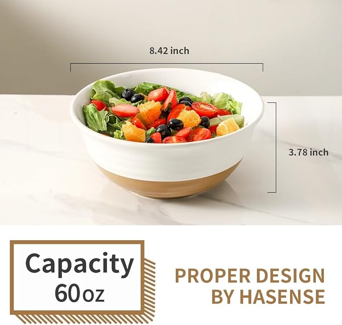 HASENSE Large Ceramic Serving Bowls Set of 2, 60 Oz 8.5 Inch White & Terracotta - Image 3