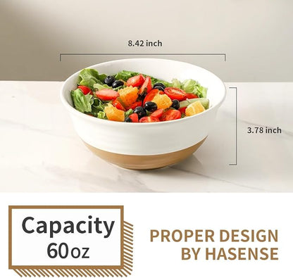 HASENSE Large Ceramic Serving Bowls Set of 2, 60 Oz 8.5 Inch White & Terracotta - Image 3