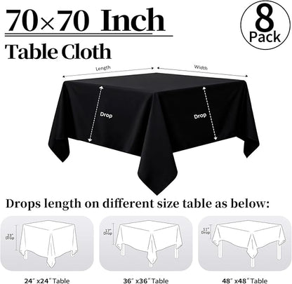 8 Pack Black Square Tablecloth 70 x 70 Washable Polyester Table Cloth for Square or Round Tables, Wrinkle Resistant Fabric Decorative Covers for Dining Party Banquet Buffet and Wedding