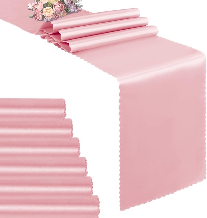 VACVELT Blush Pink Satin Table Runners, 12x72 Inch, 6 Pack, Scalloped Edge | by VACVELT