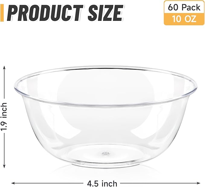 10 oz Small Clear Plastic Bowls, 60 Pack | Disposable Hard Plastic Party - Image 2