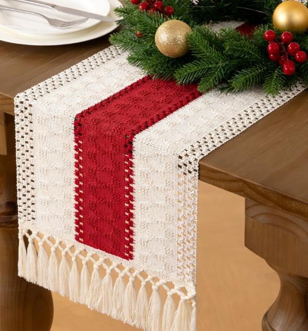 MLMW Boho Ivory Red Table Runner Farmhouse Burlap Small Table Runner Dresser - Image 4