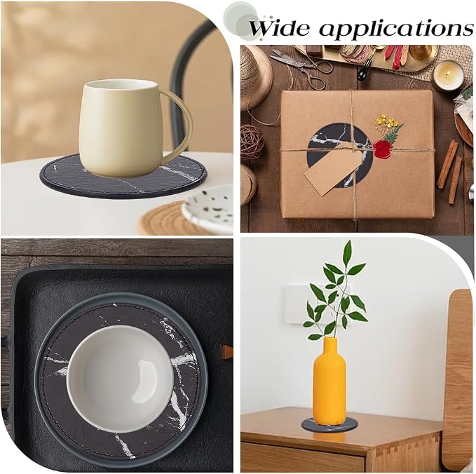 6PCS 4 Inch Black Marble PU Leather Round Cup Holders Coasters - Image 4