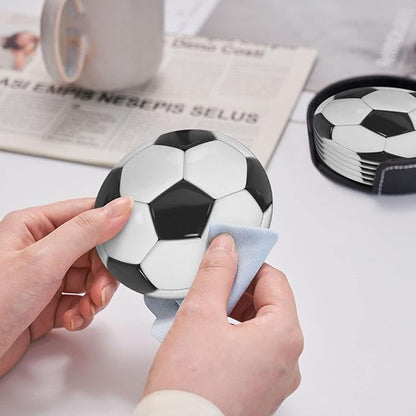 Football Soccer Coasters for Drinks with Holder Leather Coasters Set of 6 for Coffee Table