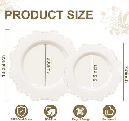 COLOSUS 60pcs Ivory Plastic Plates -Elegant Plastic Plates,Heavy Duty Cream Disposable Plates for Party Include 30 pcs Dinner Plate and 30 pcs Dessert Plate for Wedding/birthday/baby shower