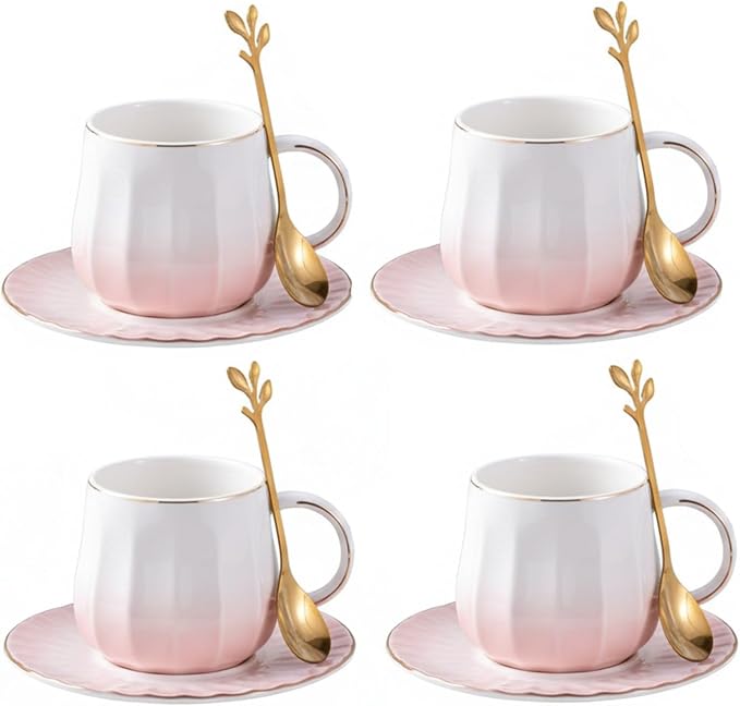 Ceramic Espresso Cups and Saucers Set of 4, 7oz Porcelain Cups by LGQ