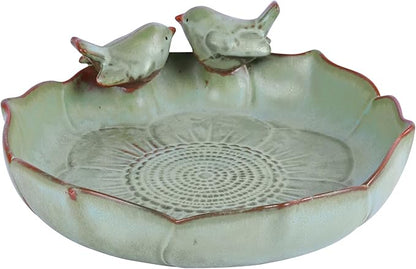 Ceramic Bird Bath Bowl with Perched Birds - Premium Outdoor Tabletop Birdbath Basin in Weather-Resistant Glaze - Usable on Ground, Deck or Tabletop