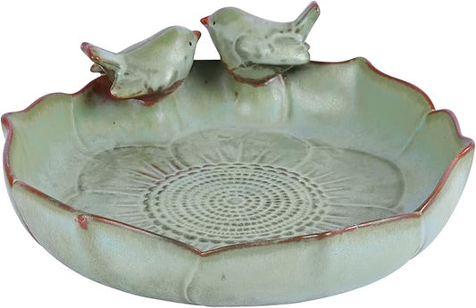 Ceramic Bird Bath Bowl with Perched Birds - Premium Outdoor Tabletop Birdbath Basin in Weather-Resistant Glaze - Usable on Ground, Deck or Tabletop