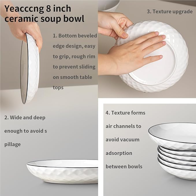 Yeacccng White Pasta Bowls Set of 6, 24oz Ceramic Salad Bowls, 8 inch Shallow - Image 6